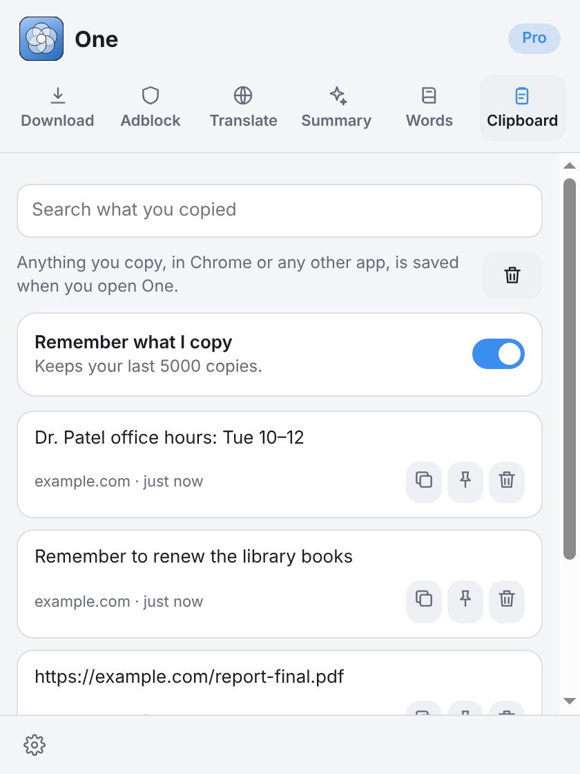 Clipboard tab listing recent copies