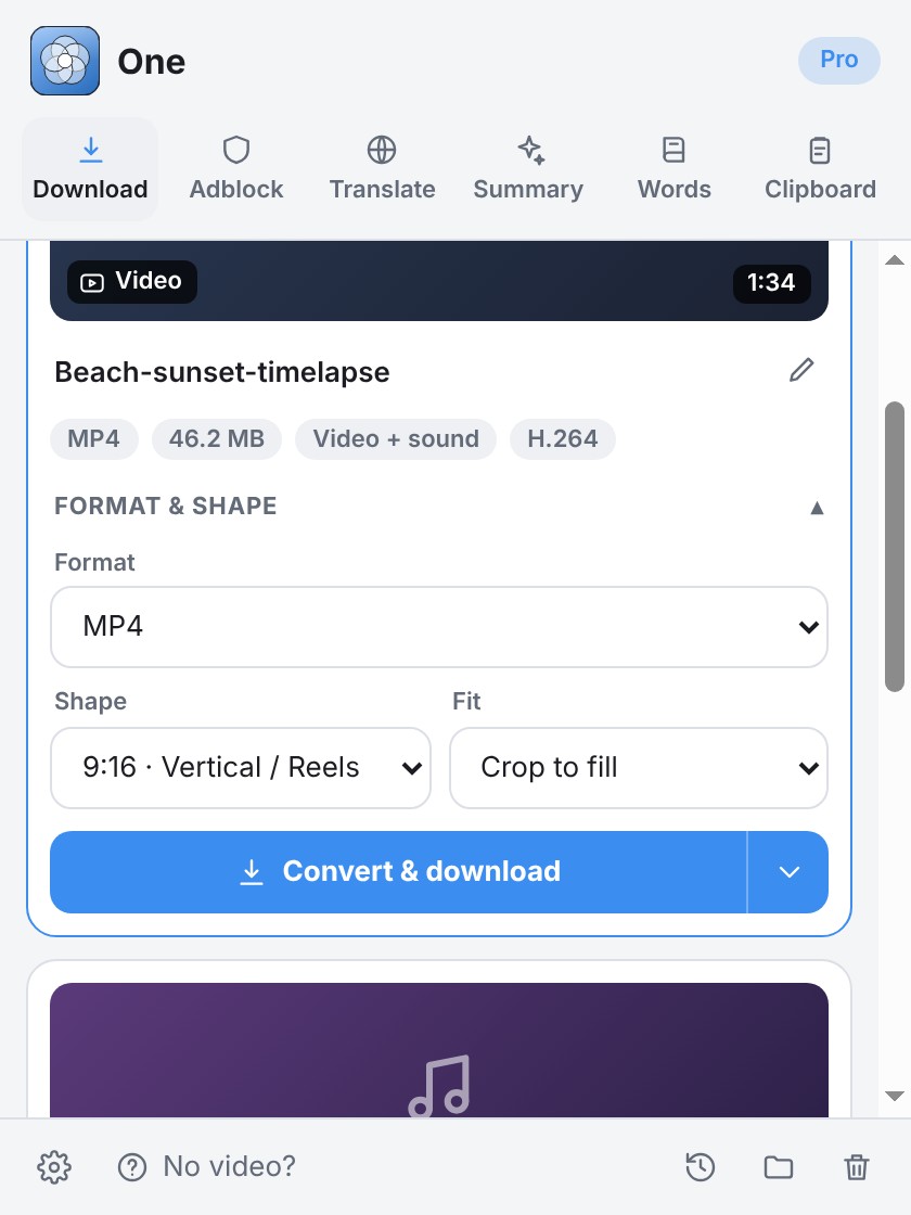 Format and shape options for a download